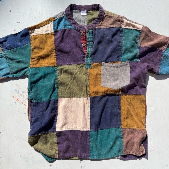 Men's Nepal Shirt Multicolor Patchwork L/XL India Hippie Yoga Namaste Spiritual - Picture 2 of 13